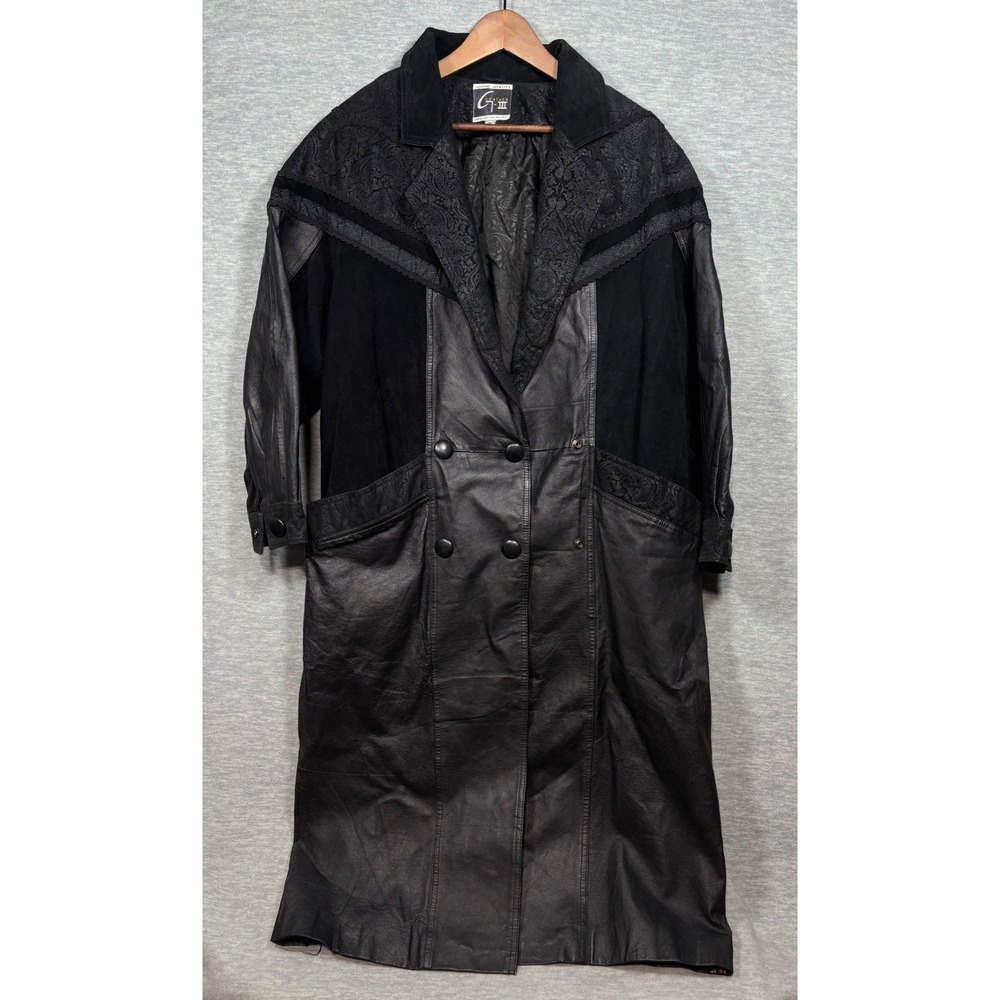 Vtg G-III Black Leather Coat‎ Womens M Suede Paisley Trench Duster Jacket